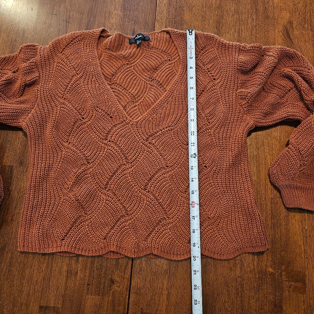 Lulus Cute Lifestyle Rust Orange Pointelle Knit V-neck Sweater Top - Size M - Picture 3 of 4